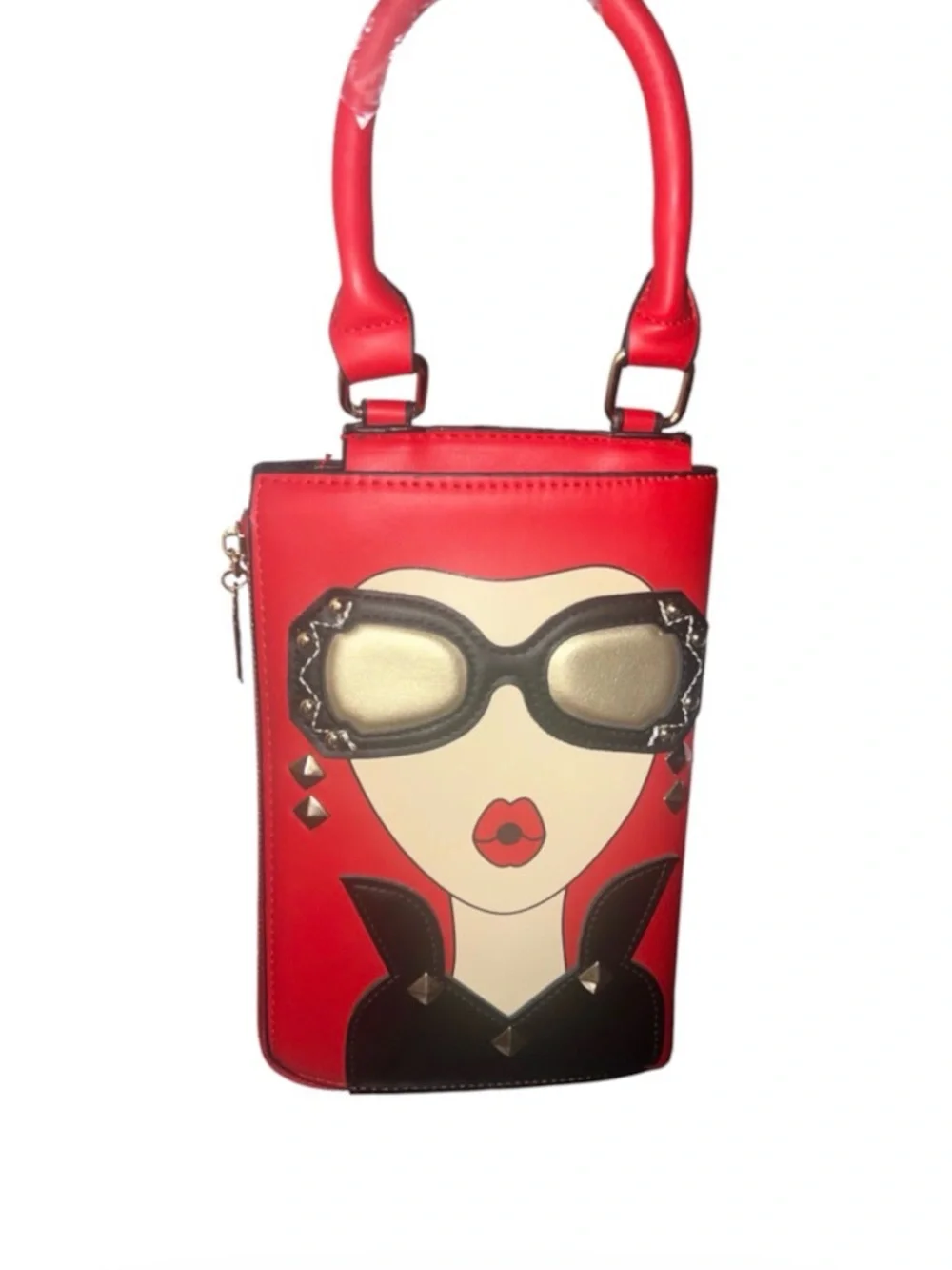 Novelty 3D Lady Face Graphic Top Handle Crossbody Bag Red Perfect Condition